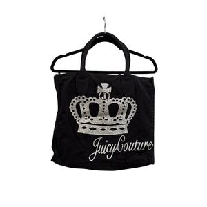 VTG Juicy Couture Black Canvas Tote Bag Silver Glitter Logo Y2K McBling Zip Top